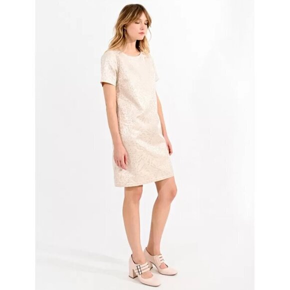 Molly Bracken Le Soir SZ S Cream & Pale Gold metallic shift dress formal mod 60s - Picture 2 of 14